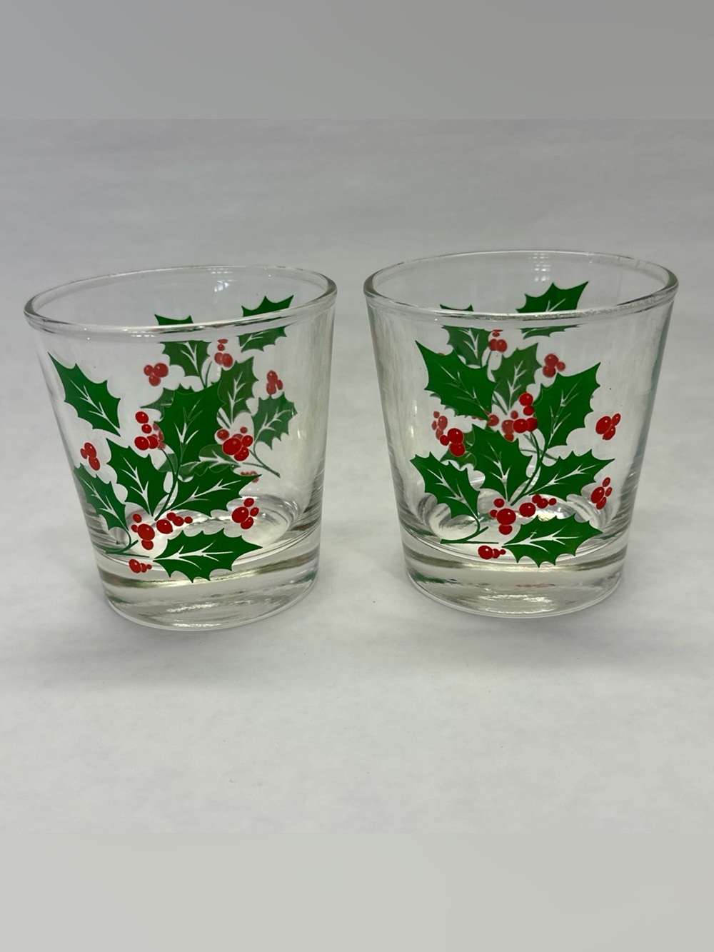 Vintage Indiana Glass Holly Berry Christmas Set of 2 Flared Juice Tumblers 8oz